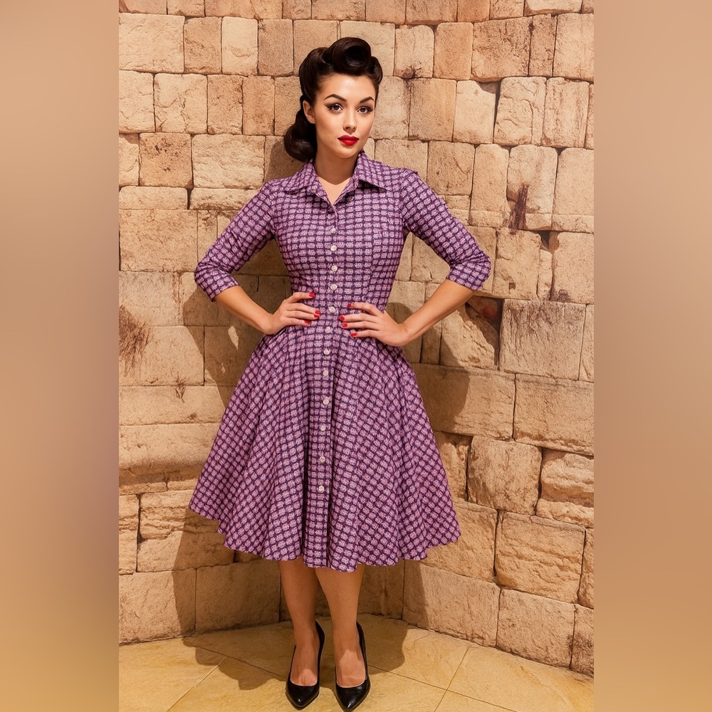 Vintage-Inspired Purple Fit & Flare Shirt Dress